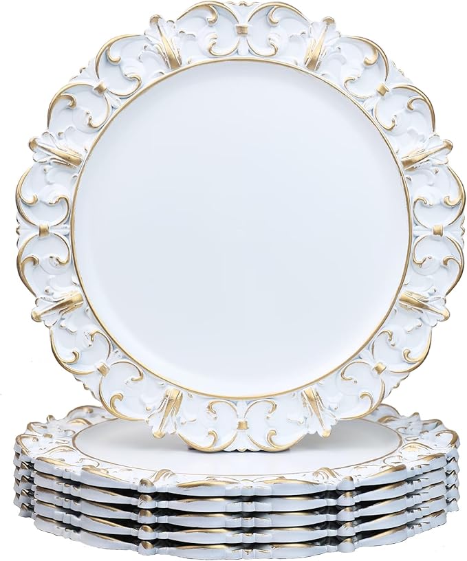 White Charger Plates Set of 6, Decorative Table Plastic Chargers for Dinner Plates, Party, Wedding, Thanksgiving, Christmas, 11W