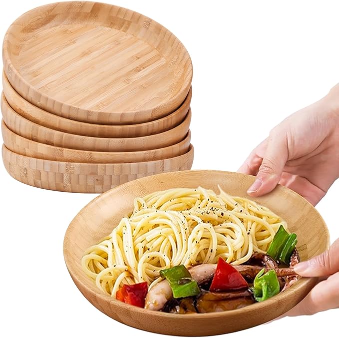 Bamboo Plates 7.5Inch Round Bamboo Plates Reusable Dinner Plates Tableware Set of 6 Wooden Plate Lightweight Dishes Snack, Dessert, Unbreakable Classic Plate