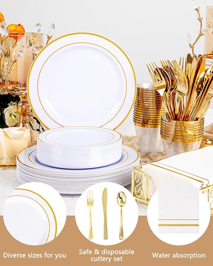 GATHER 350PCS Gold Plastic Plates - White and Gold Disposable Plastic Dinnerware Set Include 50 Dinner Plates, 50 Dessert Plate, 150 Silverware, 50 Napkins, 50 Cups for Party & Wedding