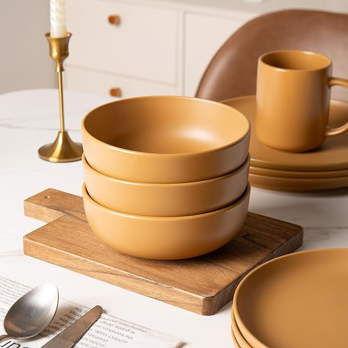 12-Piece Stoneware Dinnerware Set with Mugs | Microwave and Dishwasher Friendly | Stackable Matte Glaze Plates & Bowls | Service for 3 (Orange for 3)