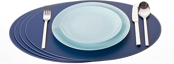 Nikalaz Oval Placemats Set (Pack of 4) Recycled Leather Table Mats 18 x 13 inches (45.7 x 33 centimetres), Kitchen Dining Table Decor by Nikalaz (Blue)