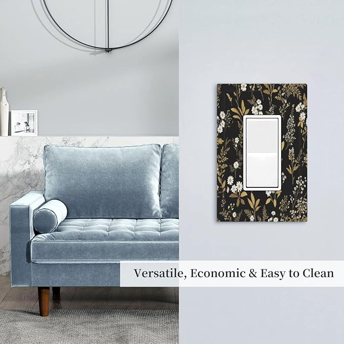 Outlet Covers Black/Gold Boho Botanical Floral Rustic Flowers 1 Gang Wall Plate Single Rocker Light Switch Cover Decorative GFCI Receptacle Electrical Switchplate for Bathroom Kitchen（2 Pack）