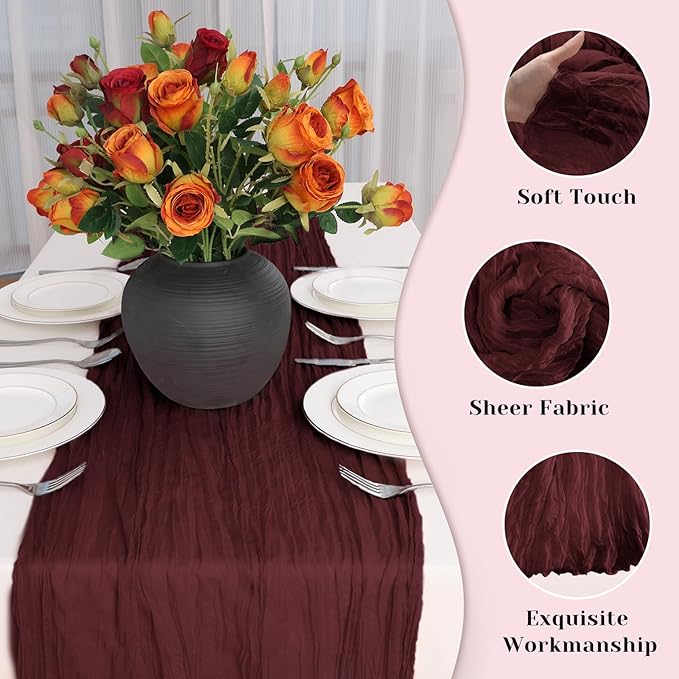 Burgundy Table Runner, 10 Ft 120 in Cheesecloth Table Runner, Rustic Fall Table Runners for Wedding, Party, Bridal Shower, Boho Table Runners for Christmas Thanksgiving Halloween
