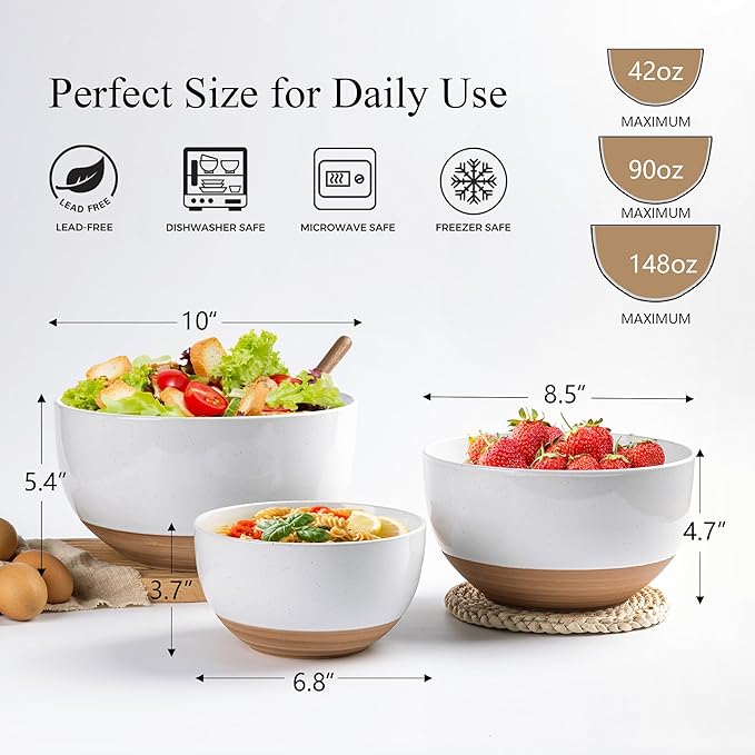 AmorArc Ceramic Mixing Bowls|Nesting Bowls Set of 3 for Kitchen|Stoneware Serving Bowls with Rustic Terracotta Underside for Mixing,Cooking,Baking,Salad| Microwave & Dishwasher Safe 4.6/2.8/1.3 Qt