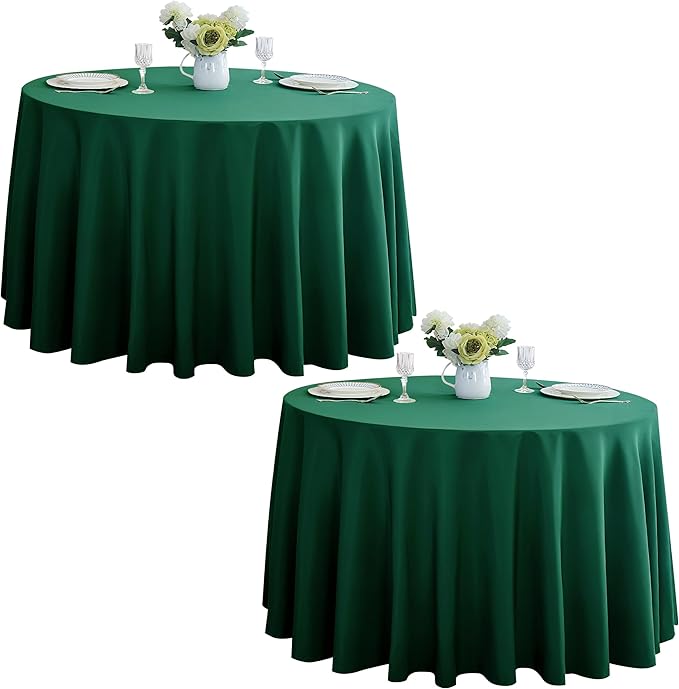 2-Pack Round 108-inch Blackish Green Table Cloths, Solid Stain and Wrinkle Resistant Circular Tablecloth, Premium Plain Weave Polyester Fabric Table Linen Covers for Hotel, Banquet