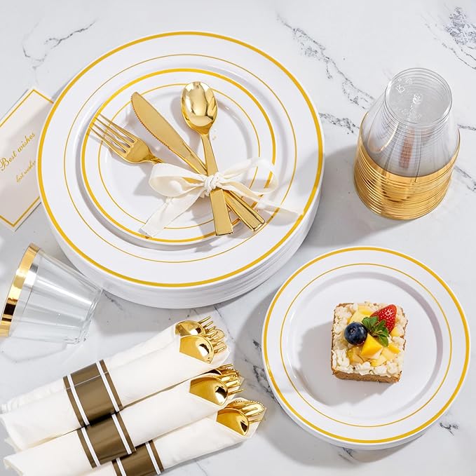 WELLIFE 350Pcs Gold Plastic Plates for 50 Guests - Plastic Dinnerware Set, Includes 100 Party Plates,150 Gold Silverware Disposable,50 Napkins,50 Cups,Disposable Plates for Party and Wedding