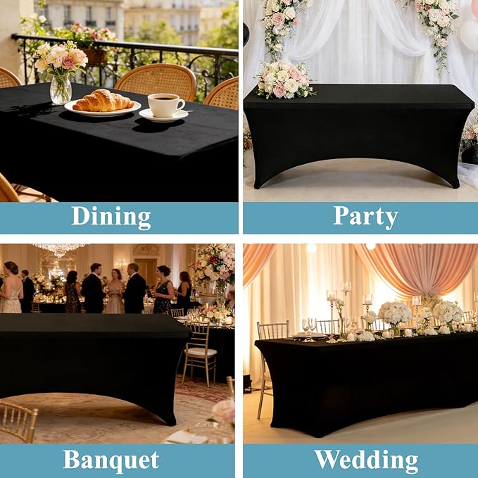 VidaFete Spandex Tablecloth 2 Pack 4FT, Fitted Stretch Table Cover for Rectangle Tables, Wrinkle Resistant and Washable Tablecloths for Outdoor, Picnic, Party, Wedding, Banquet, Birthday, Black