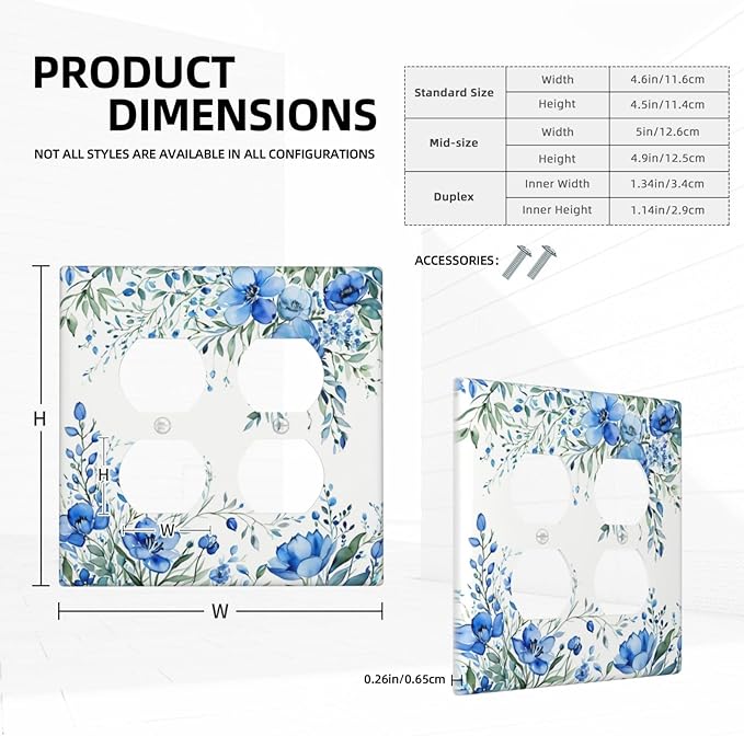 Light Switch Cover Blue Watercolor Flowers Retro Floral Leaves 2 Gang Decorative SwitchPlates Double Duplex Wall Plates Switch Plates and Outlet Covers for Bathroom Bedroom Decor