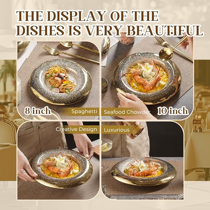 8-inch Ballet Plate Set of 4, Starburst Design Gold & Silver Accent Dinner Plates, 20cm Food-Safe Porcelain for Fine Dining & Gifting