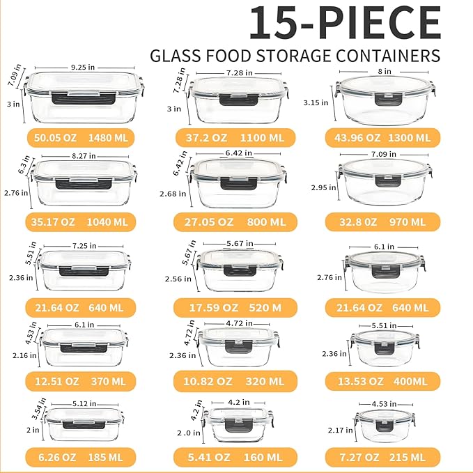 Skroam 15 Pack Glass Food Storage Containers with Lids Airtight, Glass Meal Prep Containers, Lunch Containers with Lids for Microwave, Oven, Freezer and Dishwasher Safe