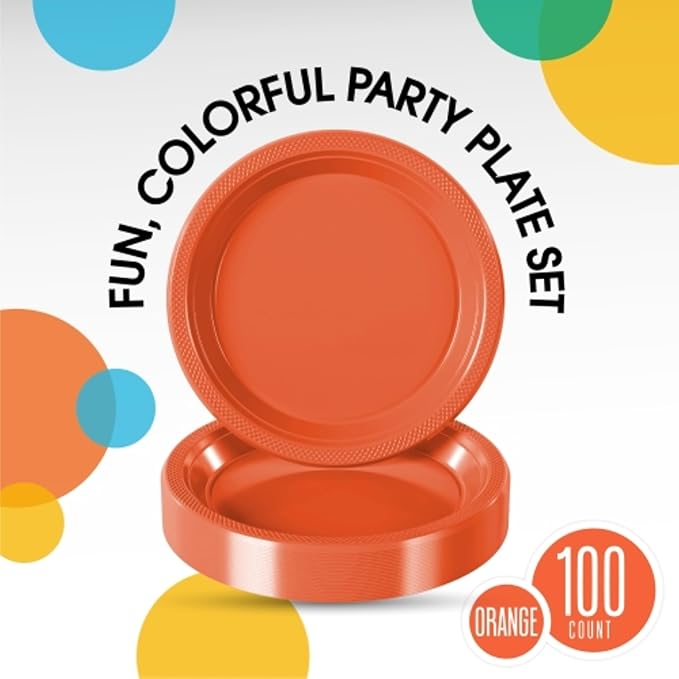 Orange Plastic Plates For Party 9" Orange Disposable Plates Heavy Duty 100 Pcs Plastic Dinnerware Sets Heavy Duty 350 GSM Disposable Dinnerware Set