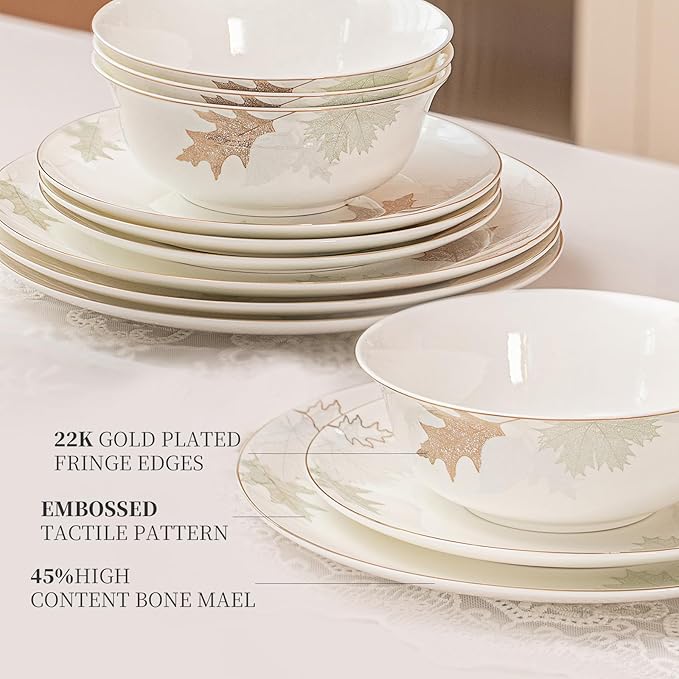 Artistic Bone China Dinnerware Set with Gold Trim, Crafted with Traditional Chinese Artistry, Glazed Inner Patterns, Service for 4 – Maple Leaf Collection