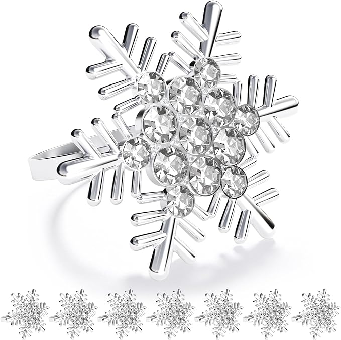 ZeeDix Christmas Silver Snowflake Napkin Rings Set of 8, Napkins Ring for Dinning Table - Rustic Dinner Tables Decoration for Wedding Receptions Christmas Thanksgiving Holiday Party Dinner Parties