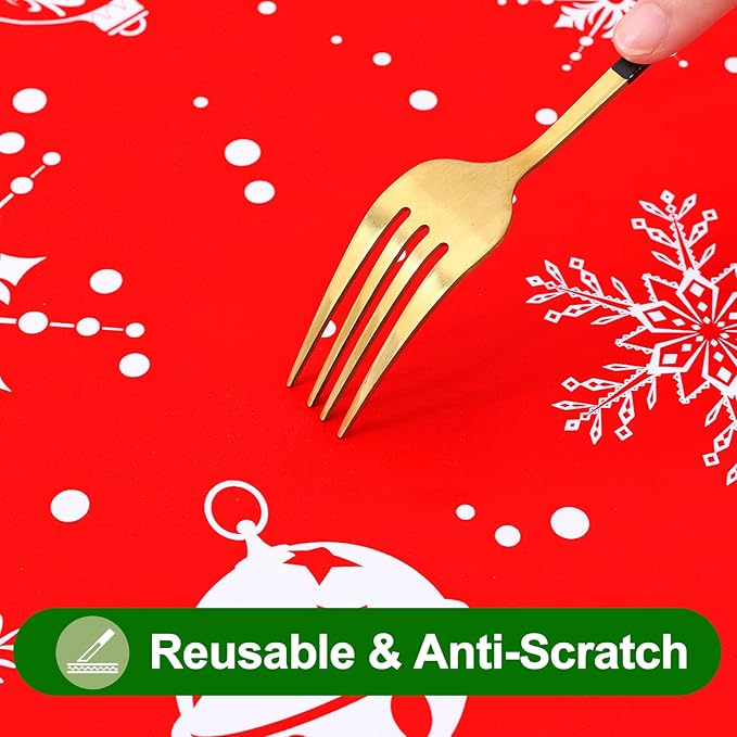 Smiry Christmas Rectangle Table Cloth, Waterproof Vinyl Tablecloth with Flannel Backing, Wipeable Bell & Snowflake Plastic Tablecloths for Christmas Table Decorations, (52"x70", White & Red)