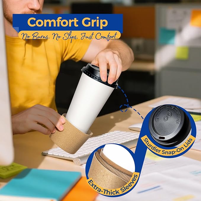Fit Meal Prep 50 Pack 16 oz Disposable Coffee Cups with Lids, Sleeves, Leak-Proof To Go Coffee Cups with Lids, Durable Paper Cups for Hot Beverage, Home, Office, Party