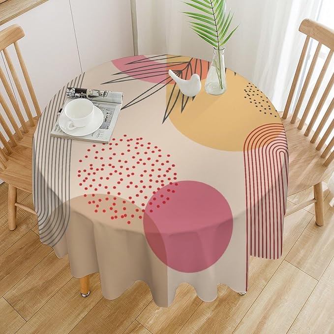 Mid Century Boho Round Tablecloth, Abstract Modern Sun Arch Curve Leaves Geometric Print Tablecloth for Home Party Dining Room Kitchen Decor 36Inch(90cm)