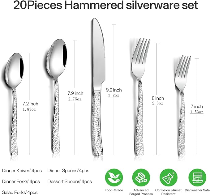 Hammered silverware set for 4 modern flatware set Heavy duty cutlery set 20piece Stainless Steel fork spoon knife set everyday kitchen, Mirror Finish Dishwasher Safe
