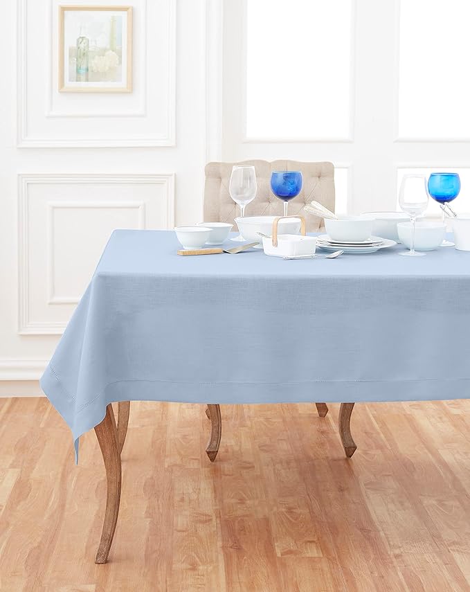 Solino Home Square Linen Tablecloth 52 x 52 Inch - 100% Pure Linen Sky Blue Table Throw - Classic Hemstitch, Machine Washable Table Cloth for Spring, Easter