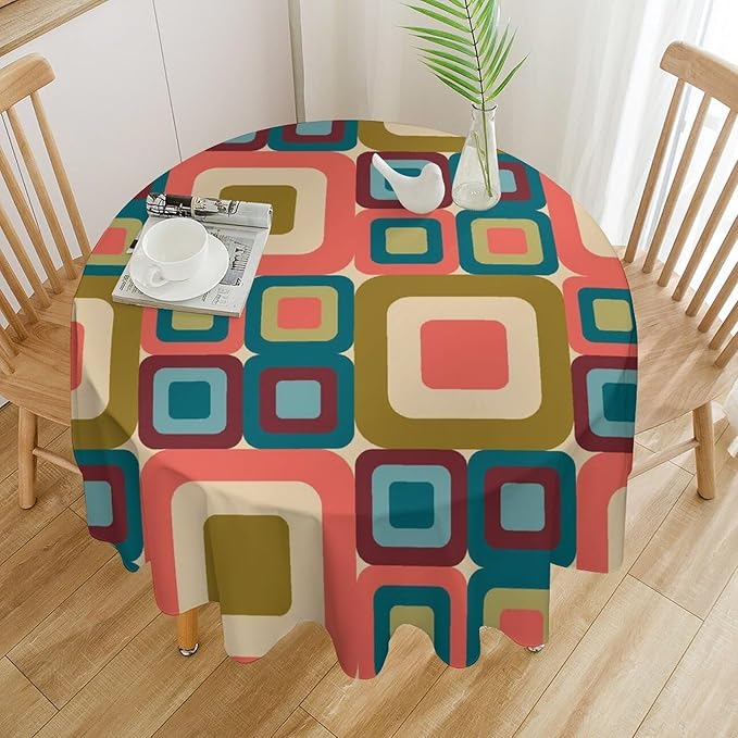 Abstract Geometric Round Tablecloth, Mid Century Modern Middle Century Abstract Patterns Print Tablecloth for Home Party Dining Room Kitchen Decor 60Inch(152cm)