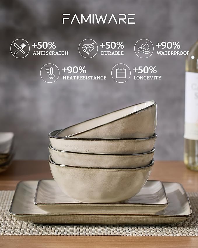 Famiware Dinnerware Sets for 6, Ocean Square 18-Piece Kitchen Plates and Bowls Sets, Microwave and Dishwasher Safe, Scratch Resistant, Light khaki