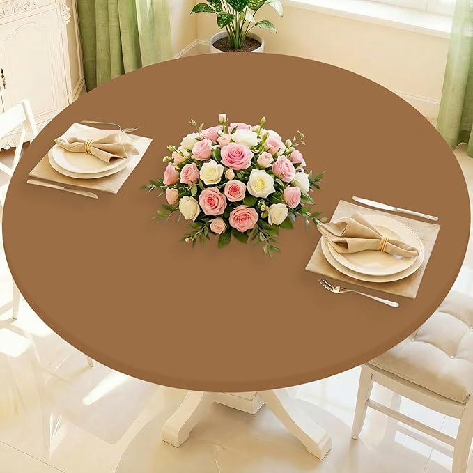 Round Spandex Tablecloth, Elastic Fitted Waterproof Tablecloths for 42"-50" Tables, Stretch Washable Picnic Table Cover for Camping, Dining, Indoor and Outdoor,Brown