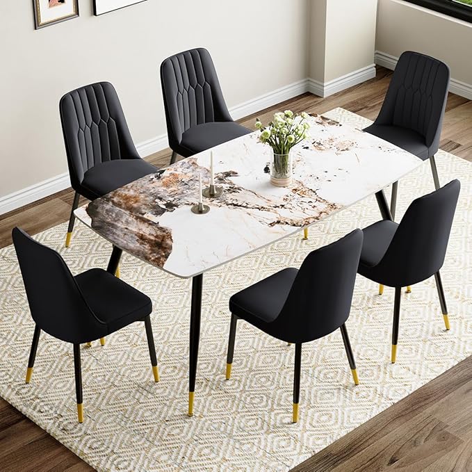 7 Piece Dining Table Set, Dinner Table Set for 6, Sintered Stone Kitchen Table Top and Modern Chairs Set of 6 for Kitchen Dining Room
