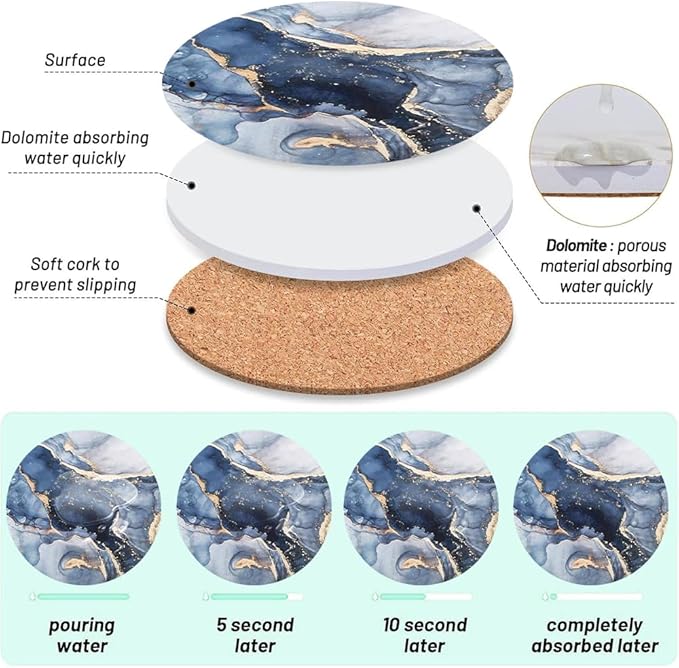 Ceramic Coasters Set of 6, Marble-Textured Design with Holder - Absorbent Cork-Backed Coasters for Cups, Bar & Coffee Table Decor Accessories (Dark Blue Marble, 6 Pack)