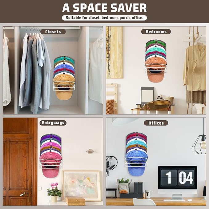 Hat Organizer for Baseball Caps, 2-Pack Beige White Metal Hat Rack Ball Cap Storage Organizer Hold Up to 30 Caps Hat Holder for Wall Door Closet, Wall Mounted & Adhesive Installation Option