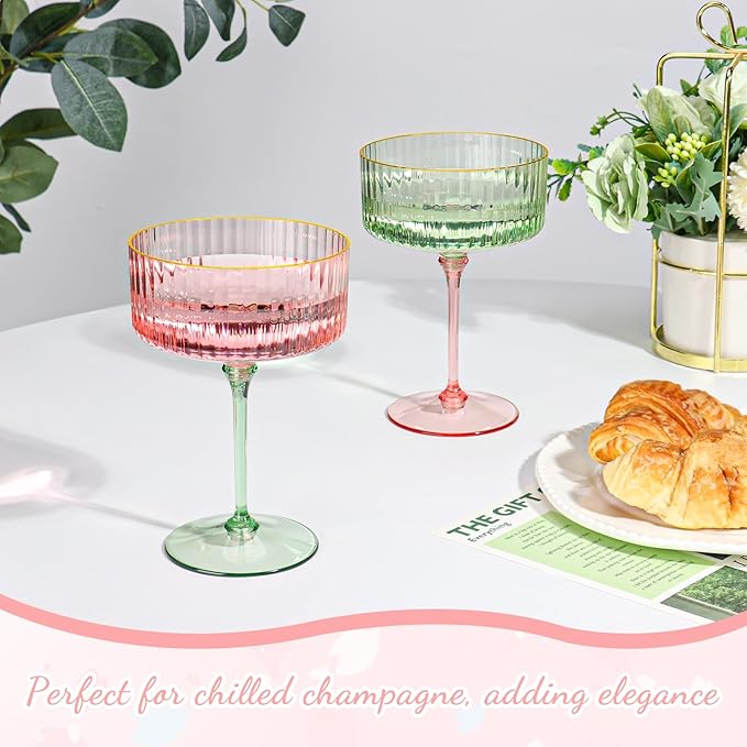 XUWAIDSGN 24Pcs Champagne Martini Glasses 9 Oz with Gilded Removable Gold Rim Coupe Glasses Pink Martini Glasses Plastic Mimosa Vintage Coupe Glasses Set For Wedding Anniversary (24, Pink & Green)