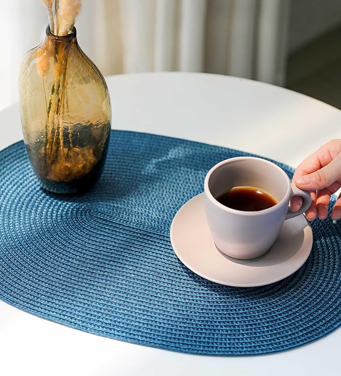 FunWheat Oval Braided Placemats Set of 6 Table Mats for Dining Tables Washable Heat Resistant Place mats for Daily Use12 x18 Inch (Oval Blue, 6pcs)