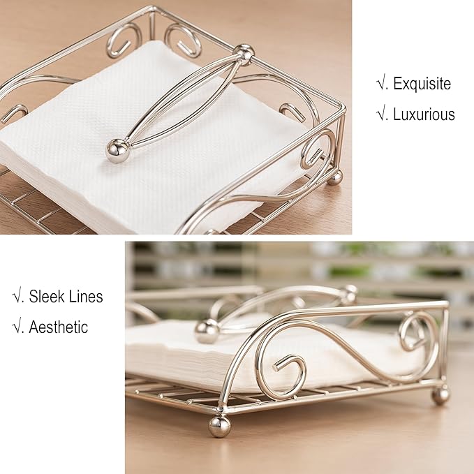 Napkin Holders for Table Metal Napkin Holder for Kitchen with Weight Arm Flat Napkin Dispenser Stainless Steel Lavish Home Hotel Decorative Holder Silver Chrome(7" L X 7" W X 2.5" H)