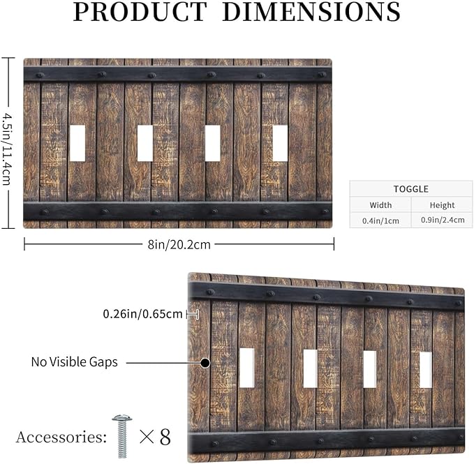 Light Switch Cover Rustic Barn Door Vintage Country Wood Board 4 Gang Switch Plate Quad Toggle Wall Plates Decorative Switchplate Electrical Outlet Cover for Farmhouse Cabin Decor