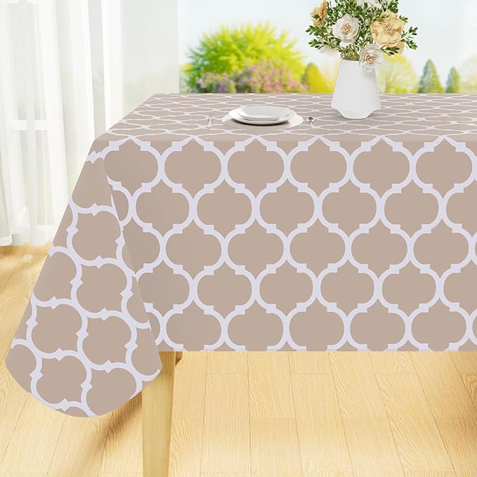 Smiry Rectangle Table Cloth, Wipeable Spillproof Plastic Tablecloths for Dining, Waterproof Vinyl Tablecloth with Flannel Backing for Rectangle Tables, Camping, Outdoor and Indoor (70"x120", Khaki)