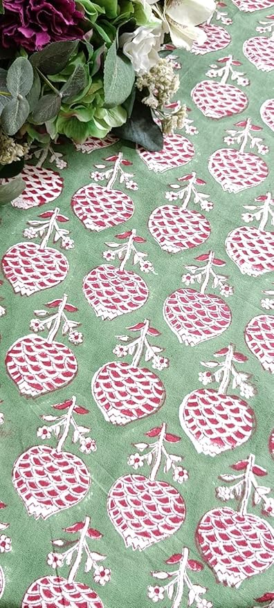 ATOSII Roma Green 100% Cotton Round Tablecloth, Handblock Print Floral Table Cloth for Kitchen Dining Linen I Parties, Weddings, Outdoors, Spring Summer Decor I 72" Inches Round