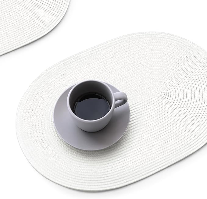 FunWheat Oval Braided Placemats Set of 8 Table Mats for Dining Tables Washable Heat Resistant Place Mats for Indoor Outdoor Use 12 x18 Inch(Oval White, 8pcs)