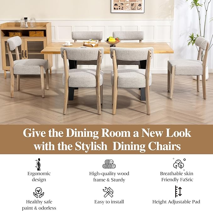 Dining Chairs,8 Pack Mid-Century Modern Wooden Kitchen Chairs with Linen Upholstery - Low-Back Woven Design for Kitchen & Dining Room,Oatmeal Fabric