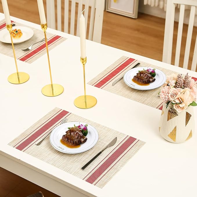 DACHUI Placemats Set of 4, Soft & Elegant Woven Vinyl Place Mats, Water Resistant, Heat Resistant, Washable, Durable Table Mats (Red Stripes)