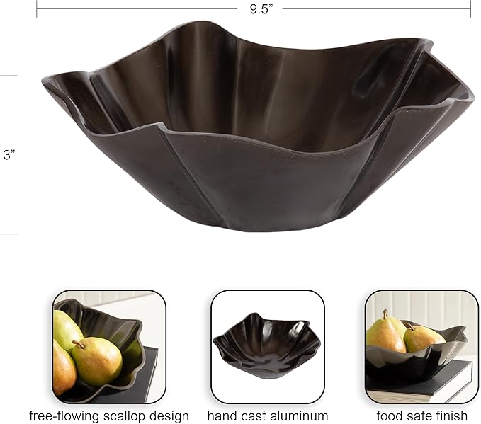 Kate and Laurel Flutte Scalloped Decorative Metal Serving Bowl, 10 x 10 x 3, Black Nickel, Modern Wavy Fruit Bowl for Kitchen Counter or Use as Tabletop Storage for an Entryway Table