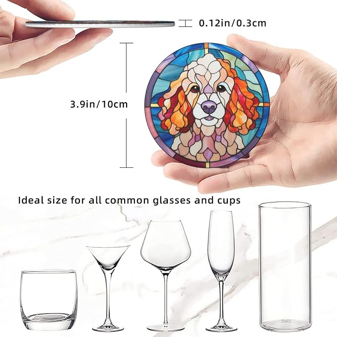 Drink Coaster Set of 6, Poodle Dog Mom Lover Gift,Leather Drink Coasters with Holder,6 Pack Cup/Bar/Drink Coasters for Table/Drinks/Coffee Protection Housewarming Gift