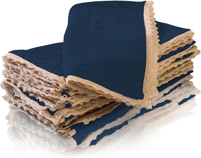 Fingercraft Dinner Cloth Napkin Cotton Muslin Double Gauze 8 Pack with Classic Lace for Everyday Use, Wedding, Party, Christmas, Easter Napkins Cloth are Pre Shrunk and Good Absorbency Stellar