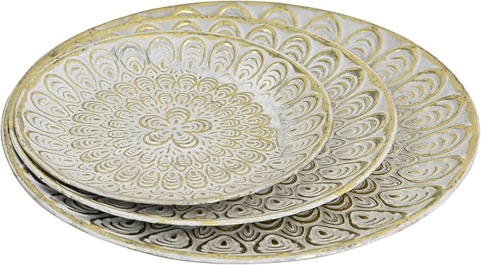 Rustic Round Decorative Tray Set of 3 Vintage Hammered Metal Trays Distressed Design Circle Candle Plate for Candle Coffee Entryway Table Kitchen Bathroom Wedding Party Counter Organizer Decor (White)