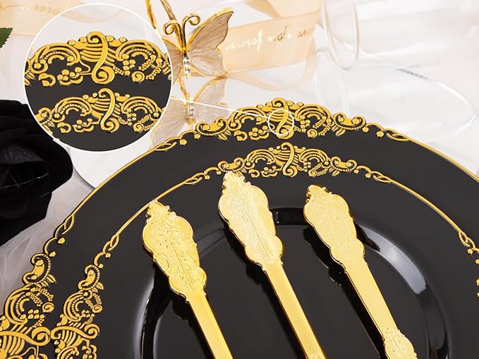 Hioasis 210pcs Black and gold Plates - Black Party Plates for 30 Guest, Include 60 Heavy-duty Plates(20% Thicker Than Standard), 30 Pre Rolled gold Plastic goldware Set, 30 Cups