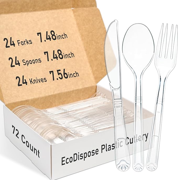 EcoDispose 72 Pcs Extra Heavy Duty Plastic Silverware Set, Disposable Utensils includes 24 Knives, 24 Forks and 24 Spoons