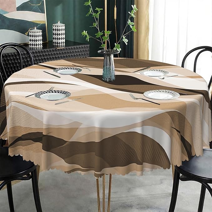 Laeacco 48 Inch Brown Modern Round Tablecloth Striped Geometric Abstract Art Print Table Cloth Washable Waterproof Wrinkle Free Table Cover for Kitchen Dining Picnic Party Decoration
