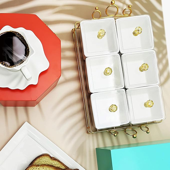 YA JU Ceramic Bowls and with Lid Gold Basket Trays, 6 Removable Small Bowls Condiment Trays Nut Serving Set for Snacks, Fruits, Candy and Condiments -Great for Parties, Holiday Gifts, White