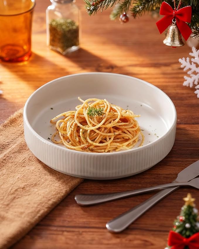 famiware Star 7.5" Pasta Bowls Set, Salad Bowl Set of 4, Double Reactive Glaze, Stackable, Perfect for Your Friend for Housewarming, Thanksgiving, Christmas, Dark Charcoal & White Full Glaze Matte