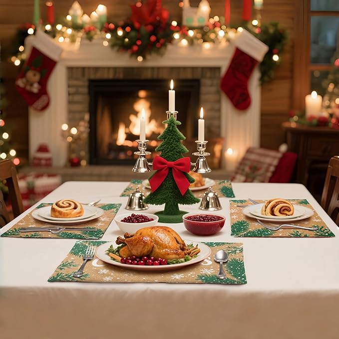 MANSPHIL Gold Christmas Placemats Set of 4 Snowflake Fabric Table Mats Farmhouse Table Decor Cotton Faux Linen Place Mats Heat Resistant Washable Dining Kitchen - 13x19 Inch Oeko Tex Placemat