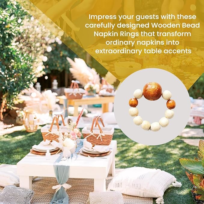 Napkin Rings Set of 6 - Modern Napkin Holder Rings with Wooden Beads | Dinner Napkin Ring for Holiday & Christmas, Birthday Party, & Wedding Decor - Farmhouse Napkin Rings Bulk (Dari)