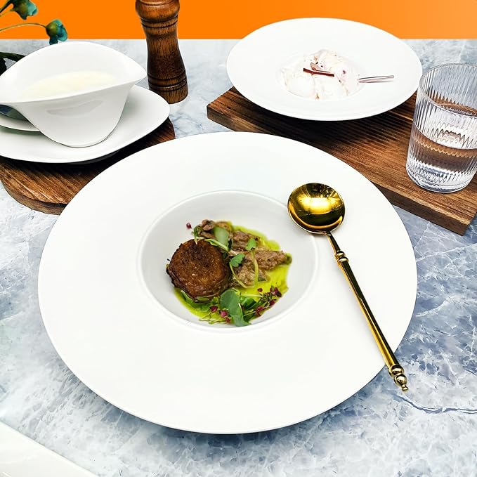 Ceramics Rimmed Soup Bowls 8.8 oz, White 11.6 inch Exquisite small soup plate Set of 4, Pasta plates With Rim is the best choice for hotels, kitchens, fine restaurants and gourmets