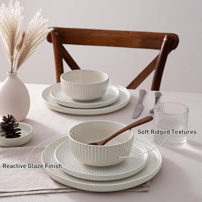 Famiware Starlight Plates and Bowls Dishes Set of 8 (24 Pieces), Ribbed Textured Stoneware Dinnerware Sets- Dishwasher & Microwave Safe, Chip Resistant, Matte Reactive White